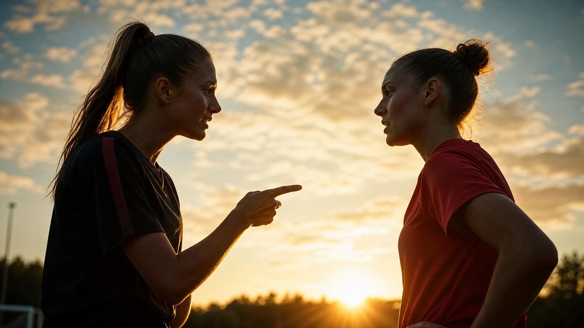 Two female football players silhouetted against a sunset discussing seriously.
