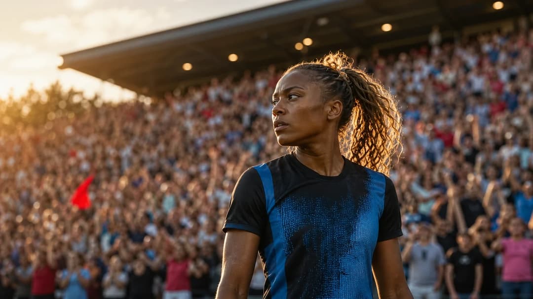 A determined female football player stands in an energetic stadium surrounded by cheering fans.