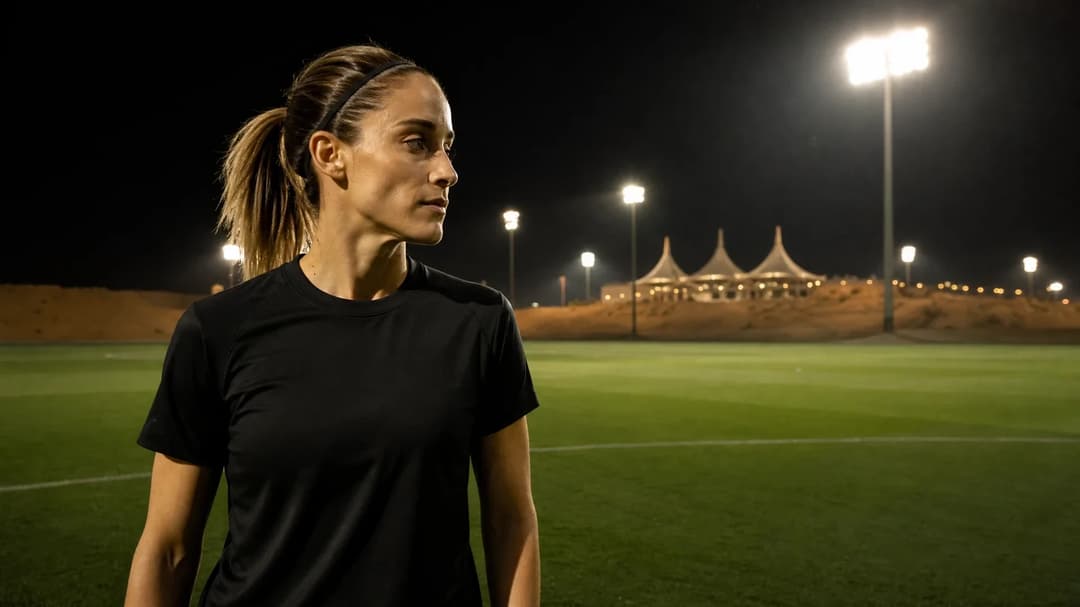 A female football player stands at the edge of a training pitch under floodlights, deep in thought.
