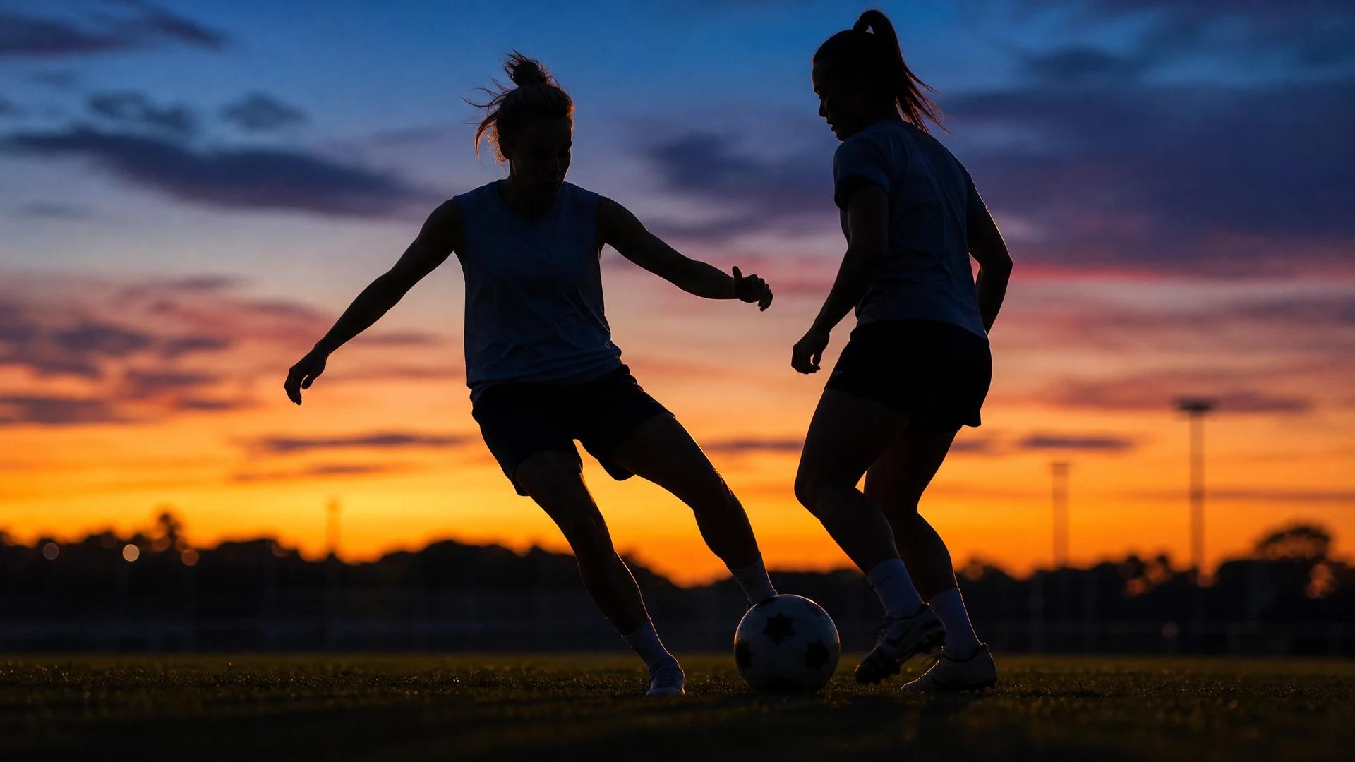 Silhouette of two female football players performing drills on a pitch at dusk.