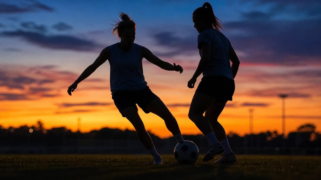 Silhouette of two female football players performing drills on a pitch at dusk.