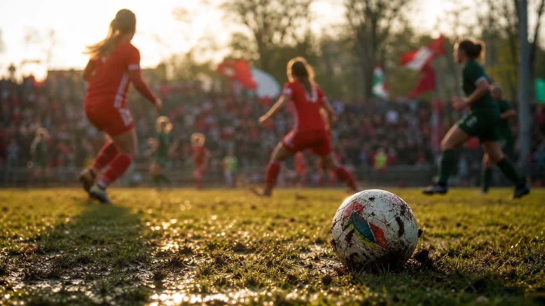 A close-up of a football on a wet pitch with players in motion blurred in the background at Bruchwegstadion.