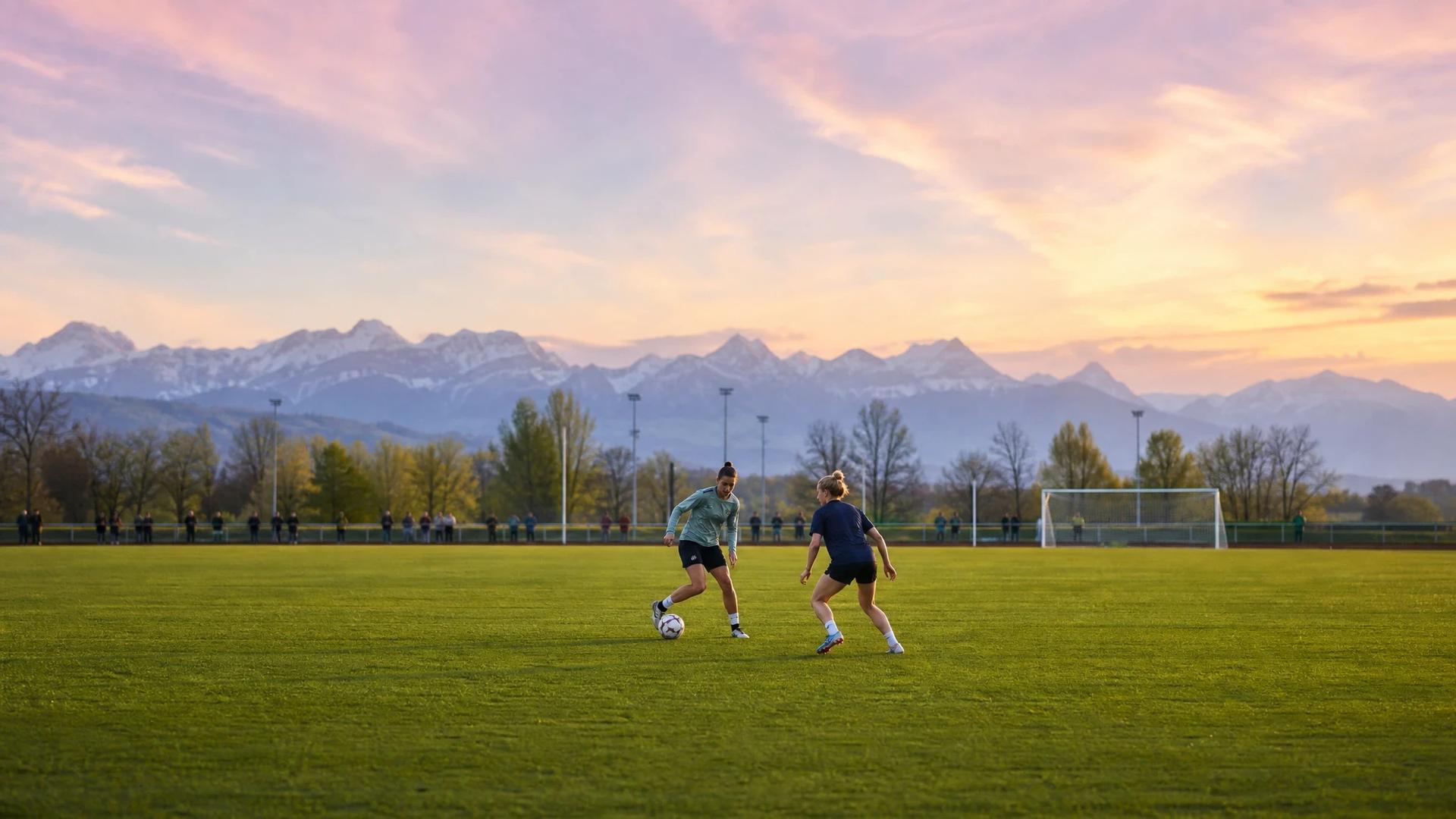 Two female footballers practicing on a lush pitch with a pastel sunset in the background.