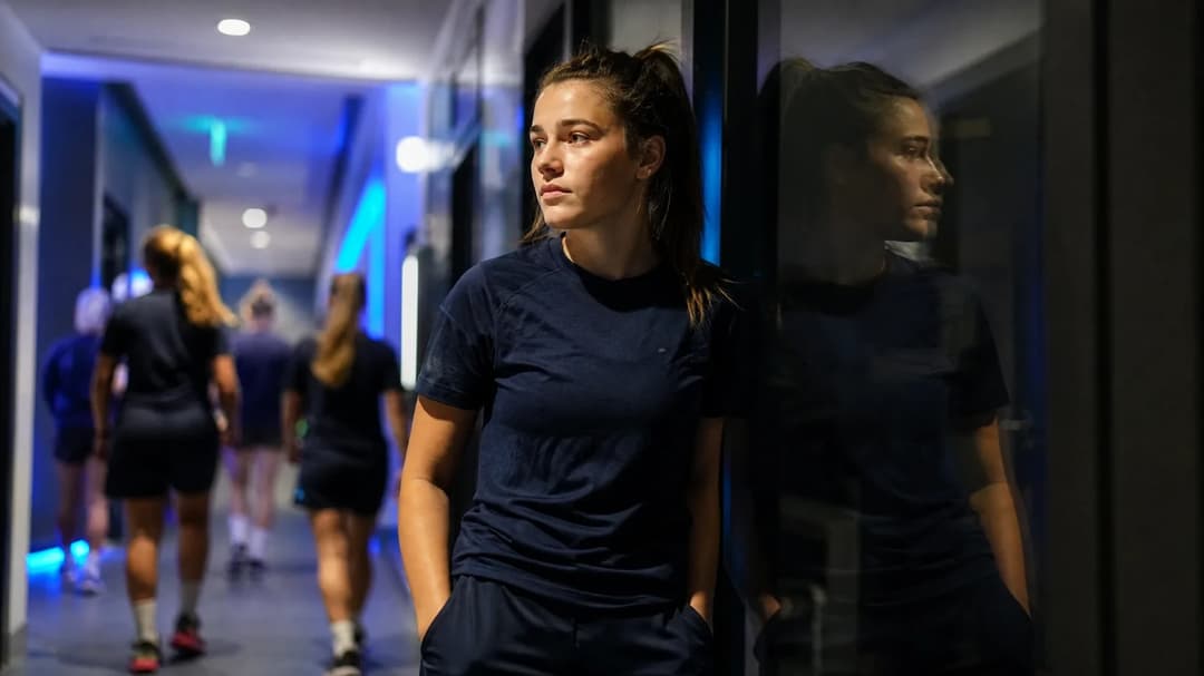Jorja Fox standing in a dimly lit hallway in sports training attire, reflecting on her new journey.