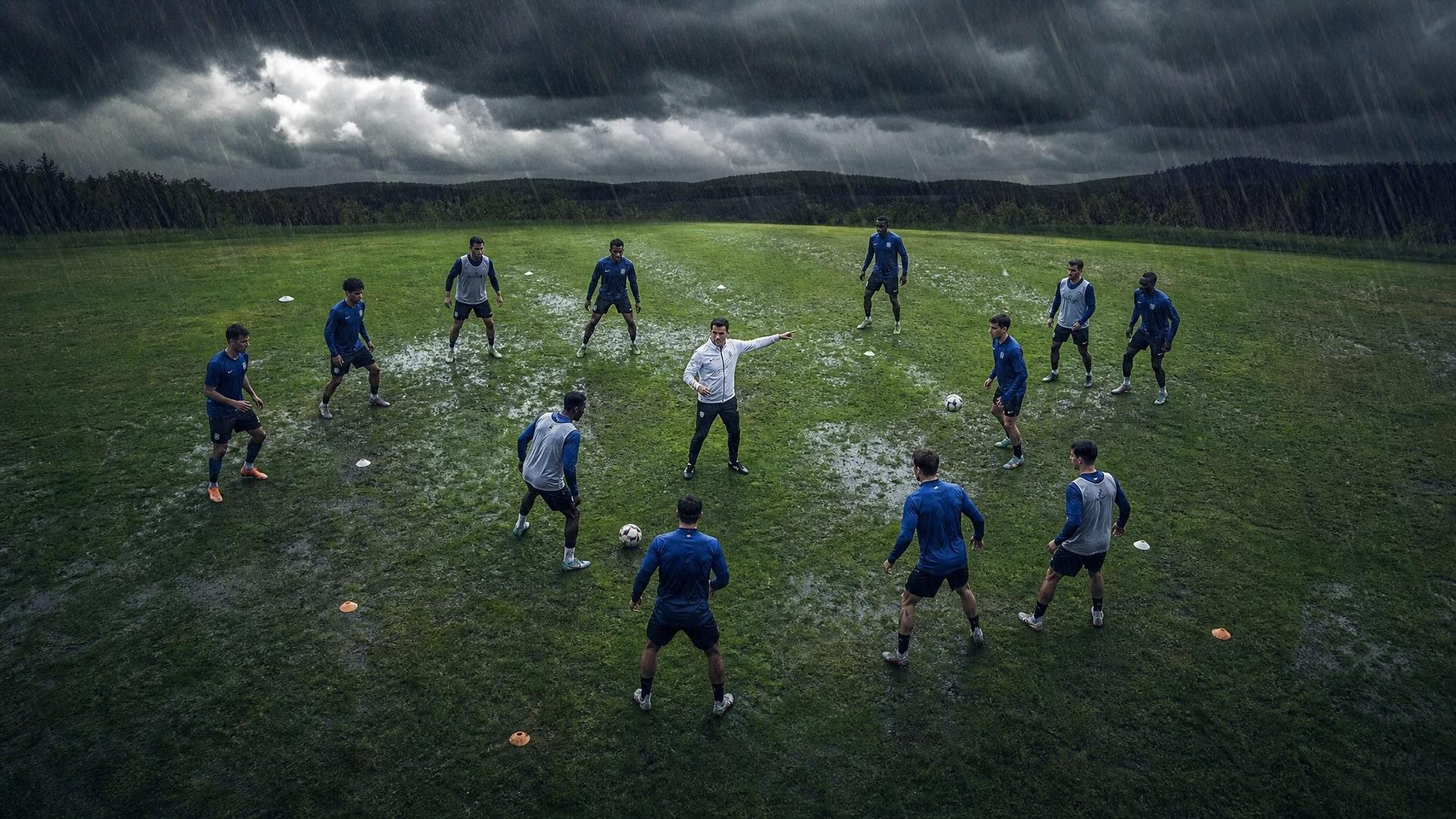 Arturo Ruiz directing players during a tactical drill on a stormy football pitch.