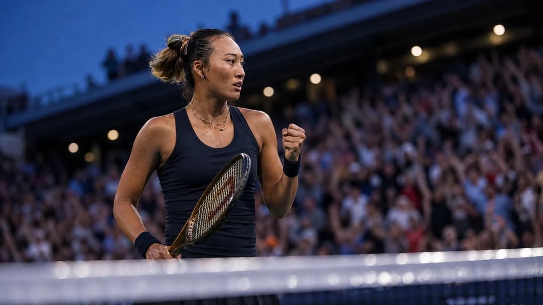 Zheng Qinwen in a stadium, celebrating her qualification for the US Open amidst a cheering crowd.