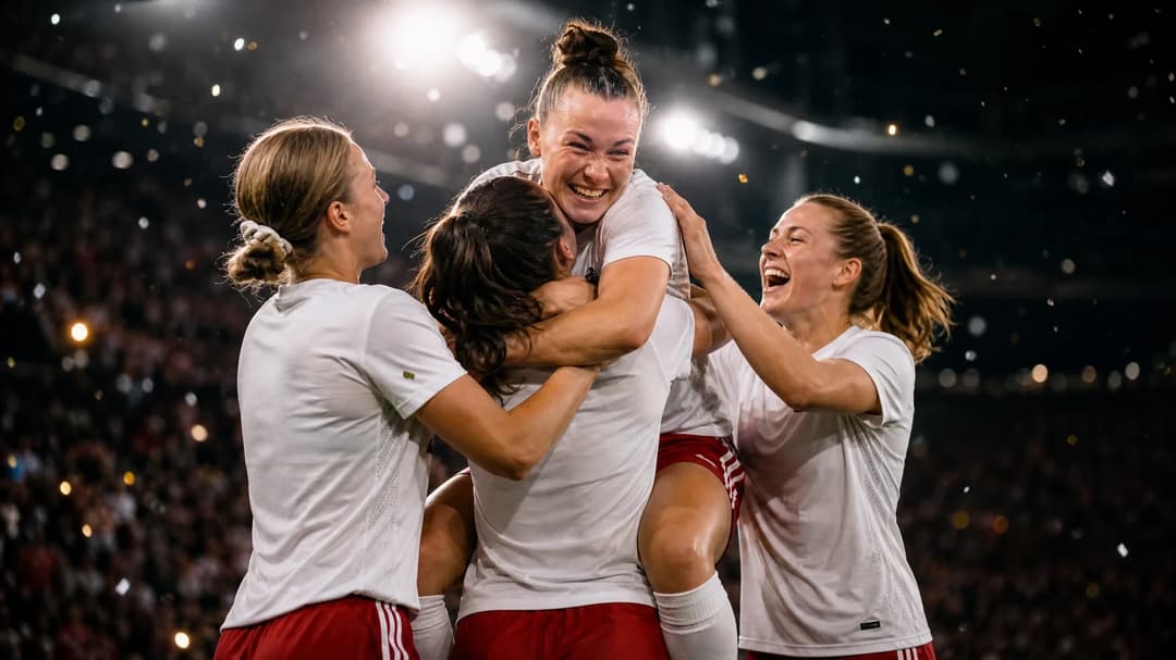 A group of female football players celebrate a victory, with one player being lifted by her teammates in a stadium.