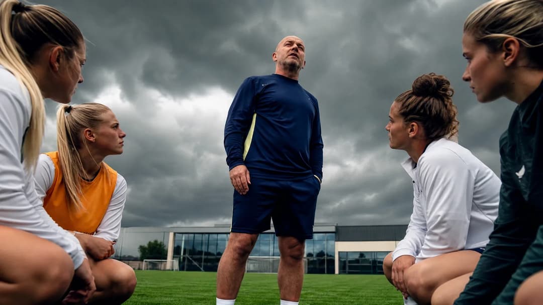 A low-angle shot of Scott Phelan standing with his players at Finch Farm under dark storm clouds.