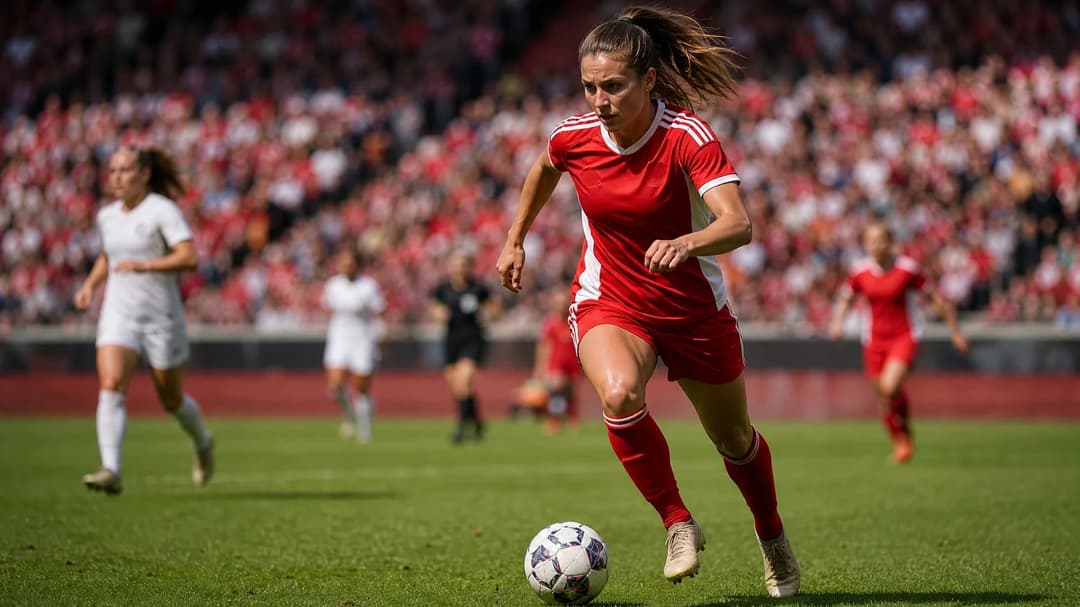 A female football player dribbles the ball on a lush green pitch, with an engaged audience blurred in the background.