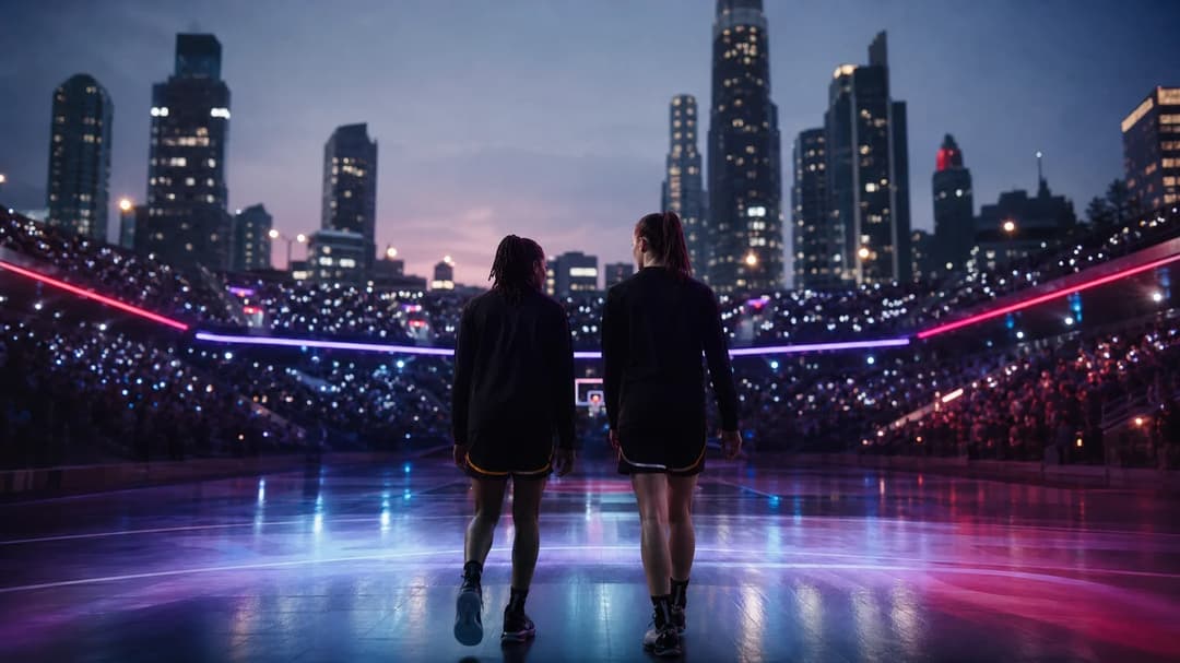 Two female basketball players walking towards the court at twilight, surrounded by an urban landscape and neon lights.
