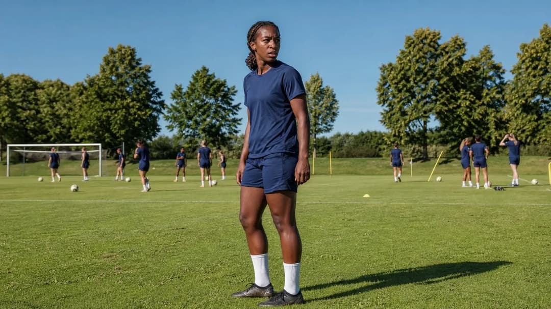 Viviane Asseyi stands in a quiet training ground, observing her teammates.
