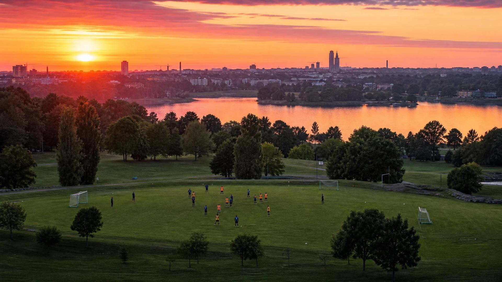 A panoramic view of a football pitch during golden hour with female players practicing in the distance.