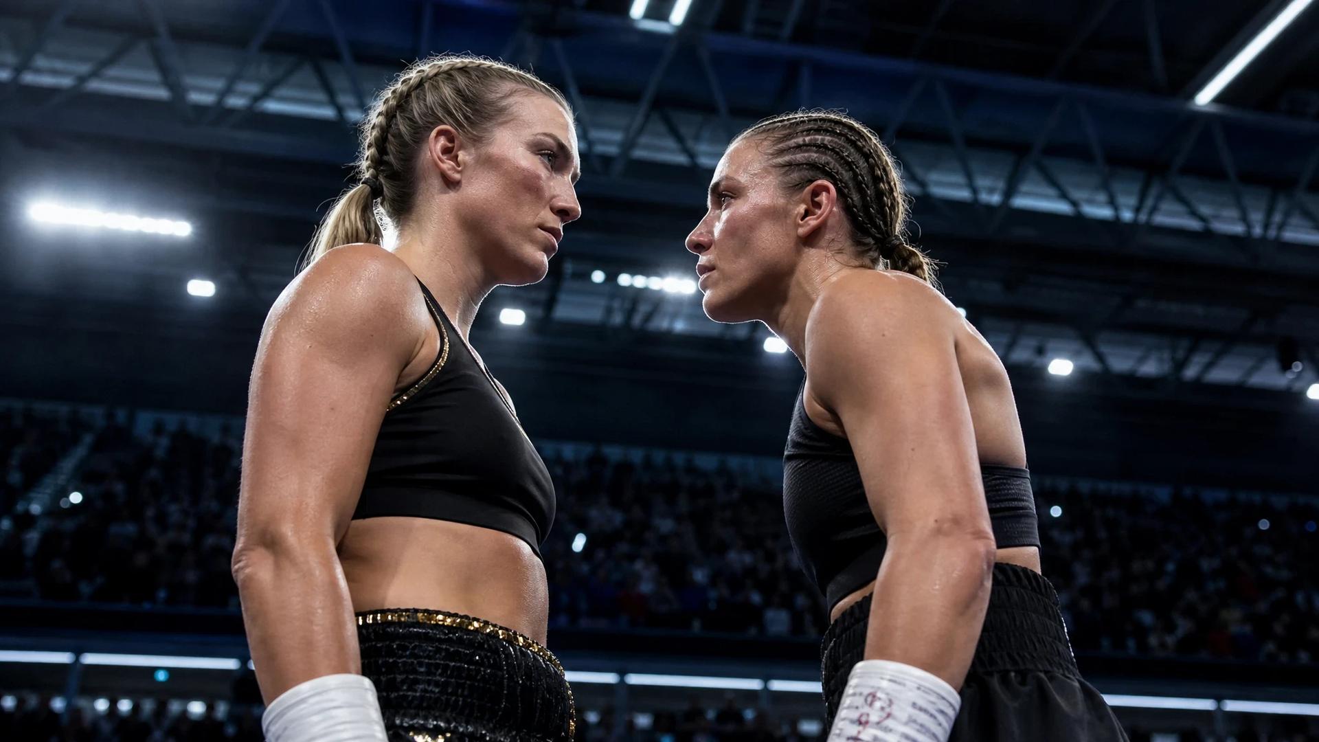 Mikaela Mayer and Chantelle Cameron face each other in a boxing arena, showcasing a tense pre-fight moment.