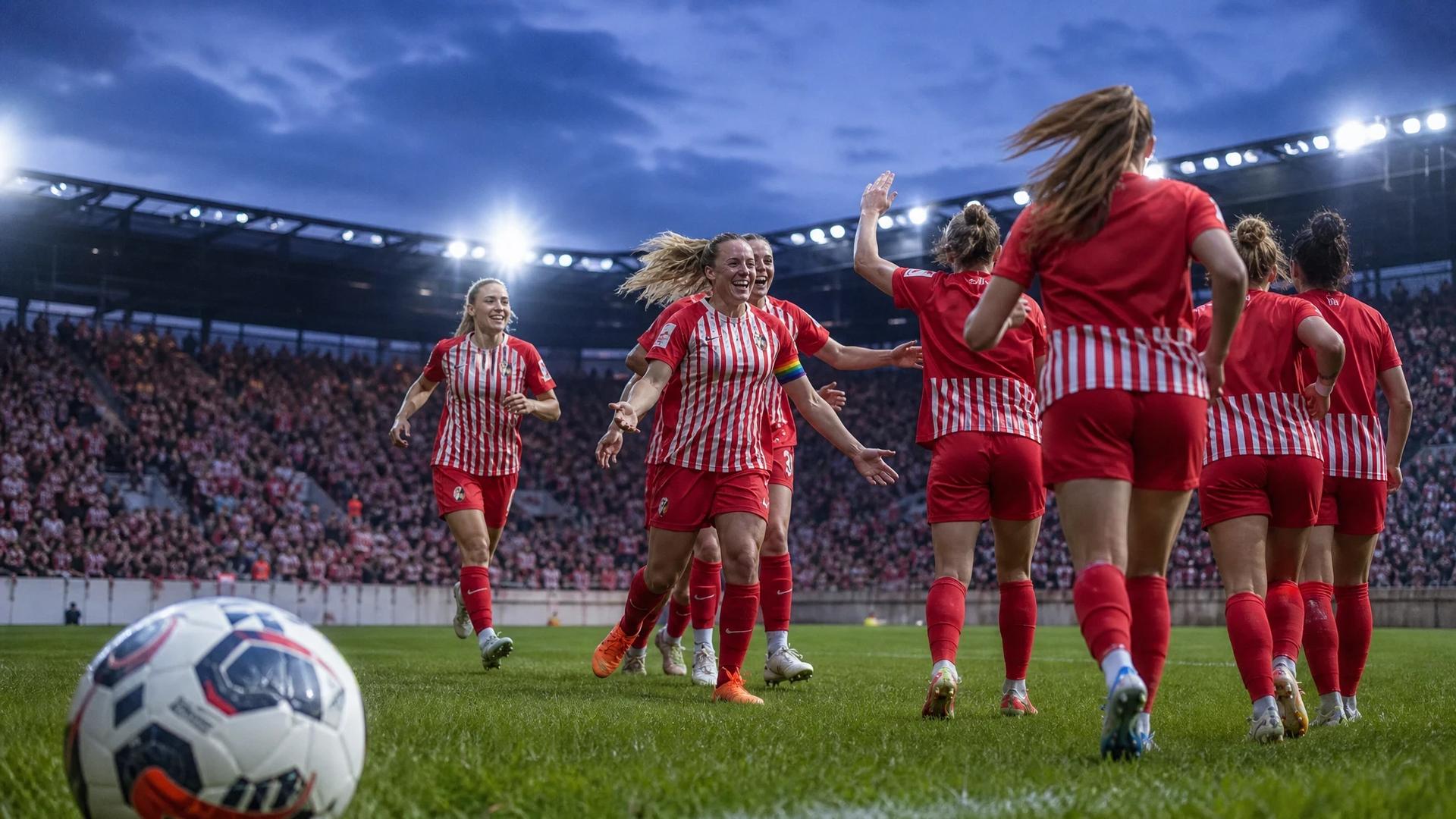 Players from SC Freiburg celebrate a victory, with a match ball in close-up in the foreground.