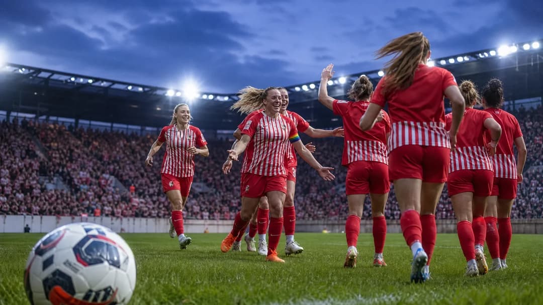 Players from SC Freiburg celebrate a victory, with a match ball in close-up in the foreground.