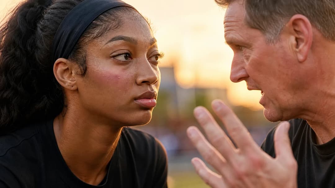Extreme close-up of Angel Reese and her coach Karl Smesko in golden-hour light, showcasing their expressions during a moment of interaction.