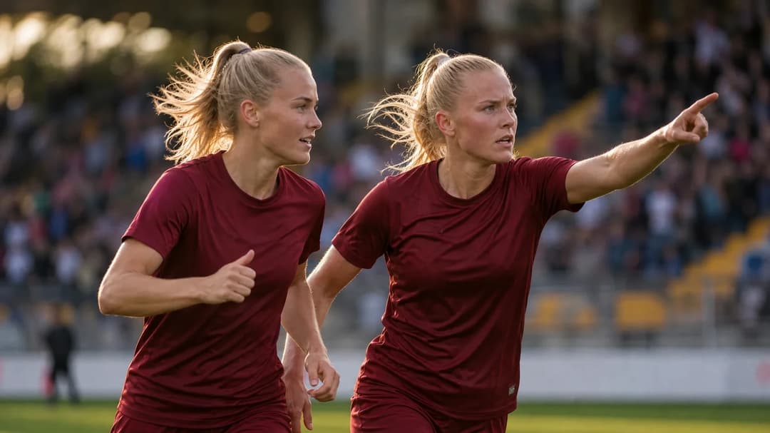 Two female football players in a moment of interaction on the field, surrounded by fans.