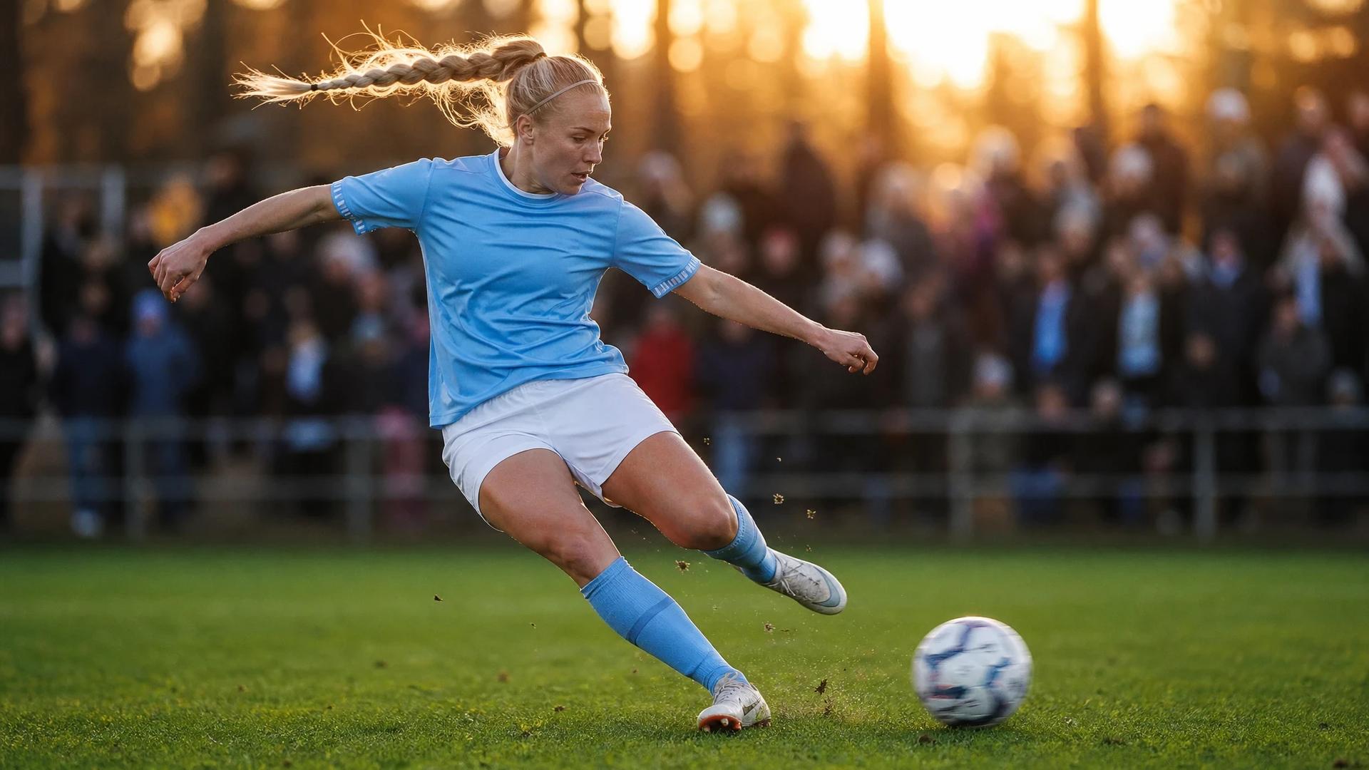 A female football player striking a ball on the pitch during a match.