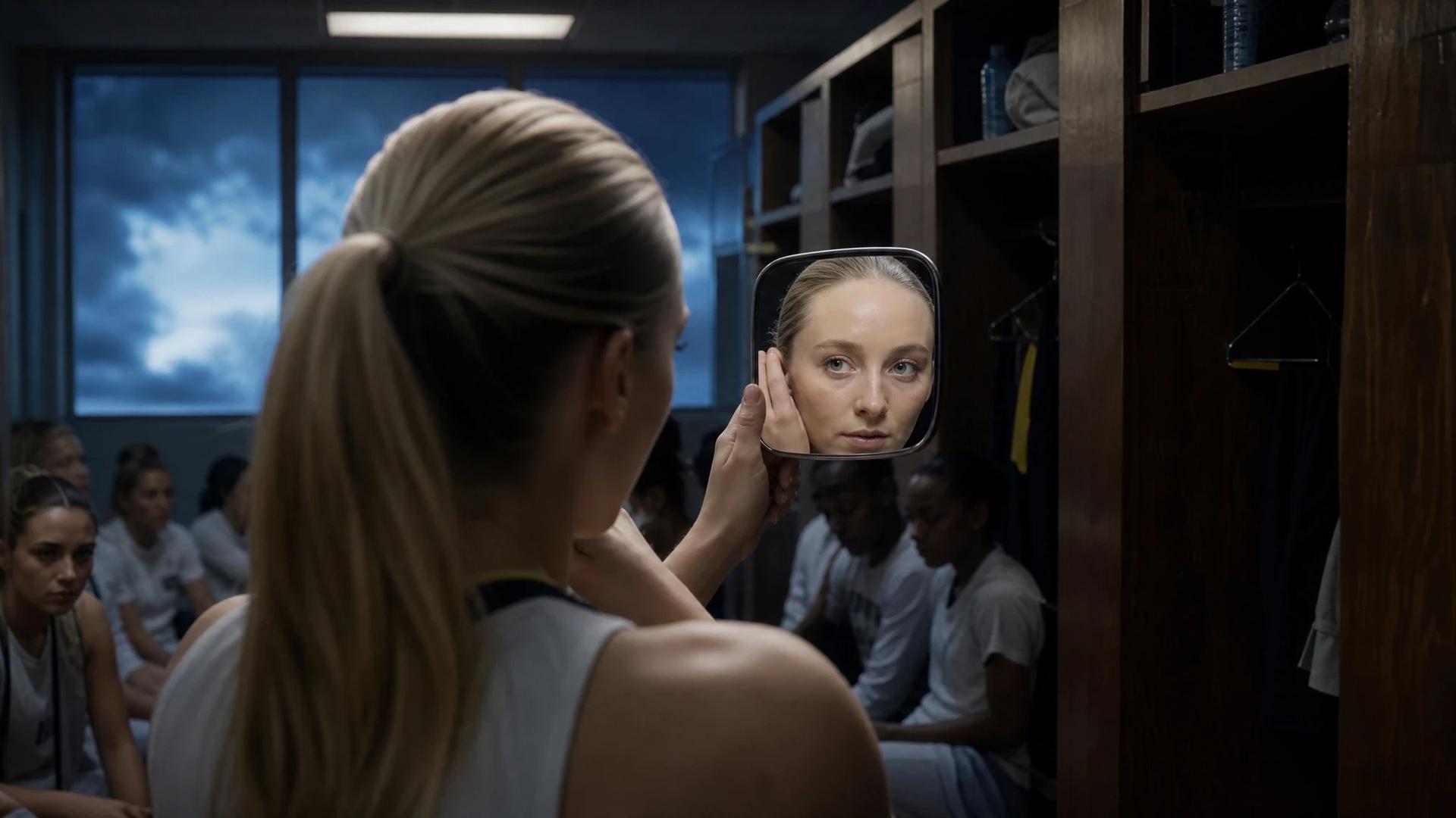A female basketball player in a locker room preparing for a game, looking in the mirror.