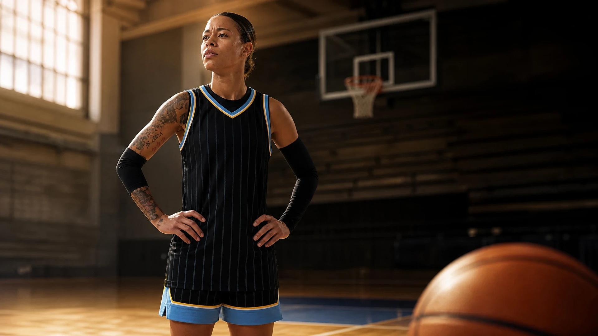 Natasha Cloud stands in a gym, focused on advocating for women's issues.