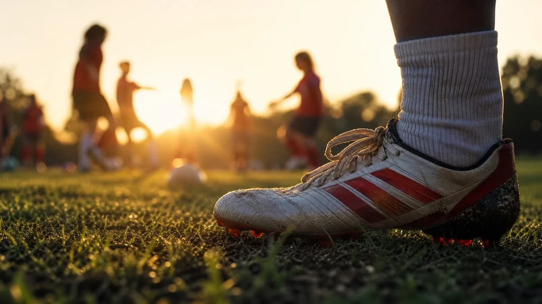 A close-up of a football cleat on the grass during golden hour with blurred figures of players in the background.