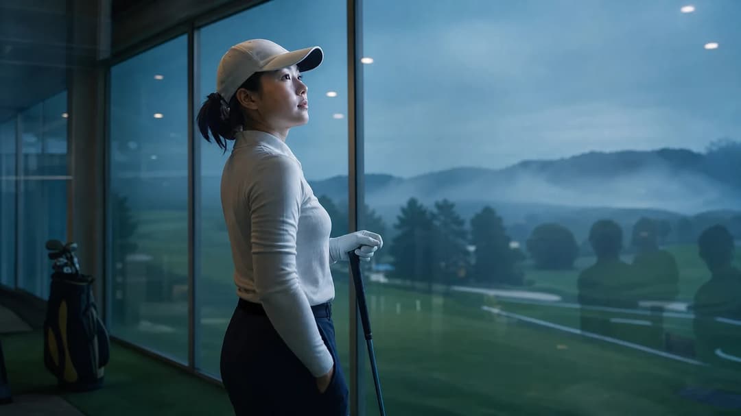 A determined golfer, Ruoning Yin, stands in a training facility, reflected in a glass window overlooking a misty golf course.