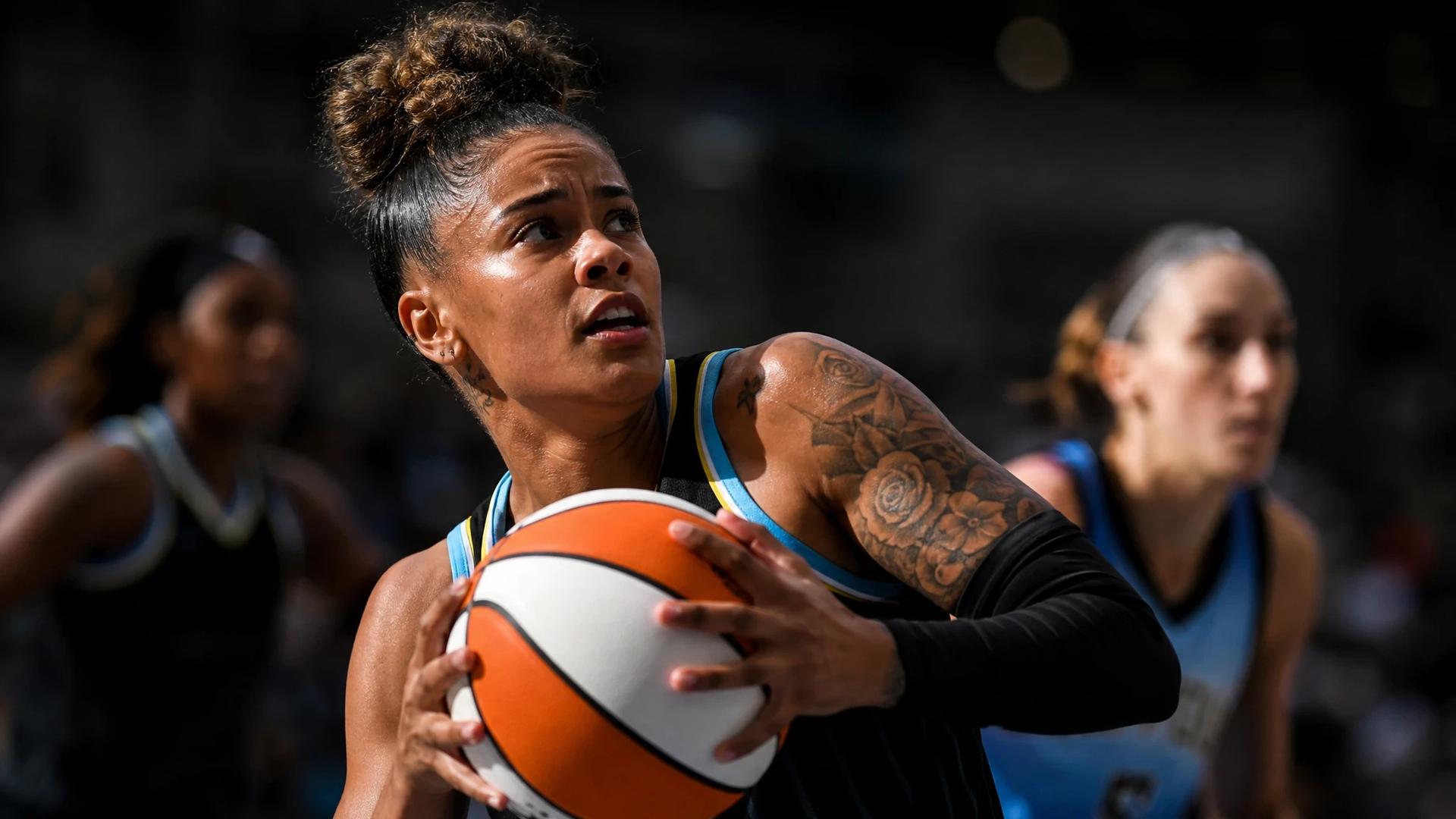 Close-up of Natasha Cloud holding a basketball with a determined expression.