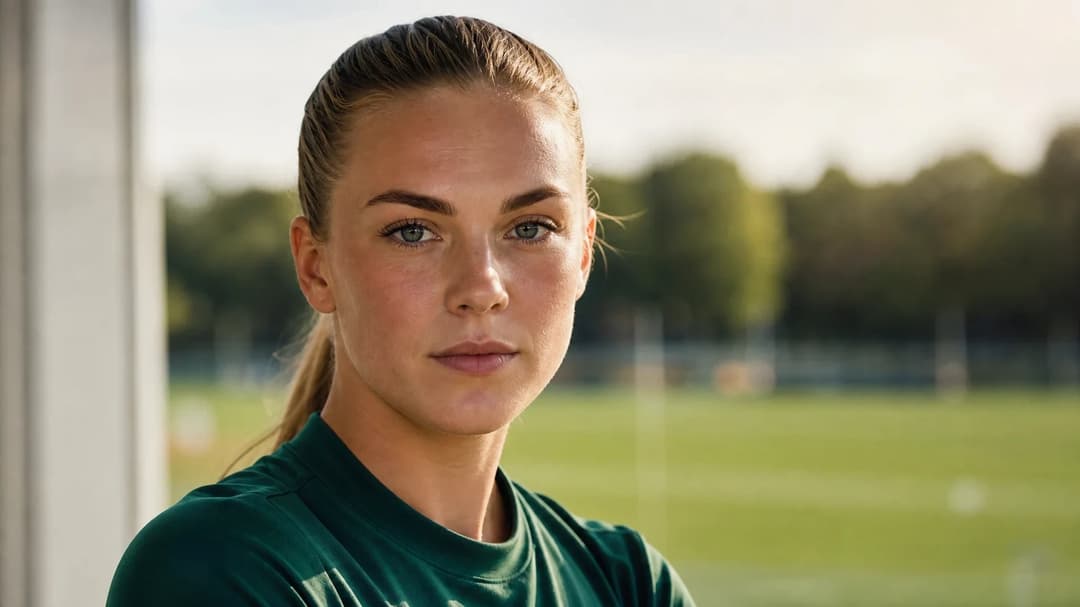 Close-up portrait of a female football player in a training environment.