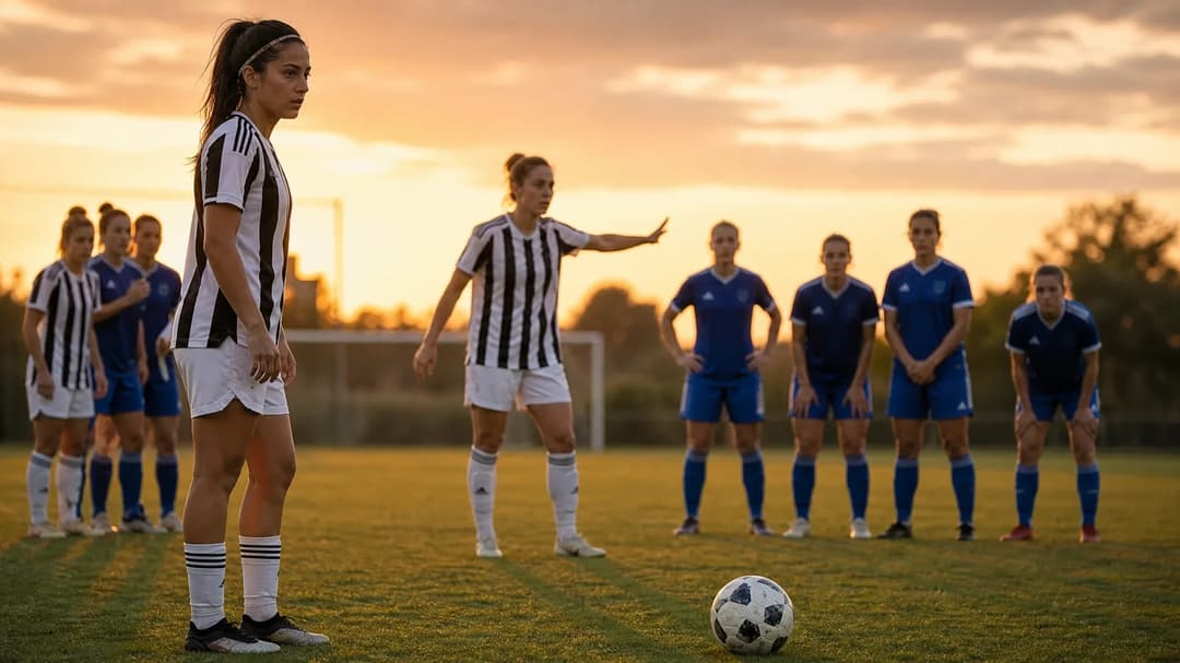 Juventus Women's players prepare for a free kick during golden hour.