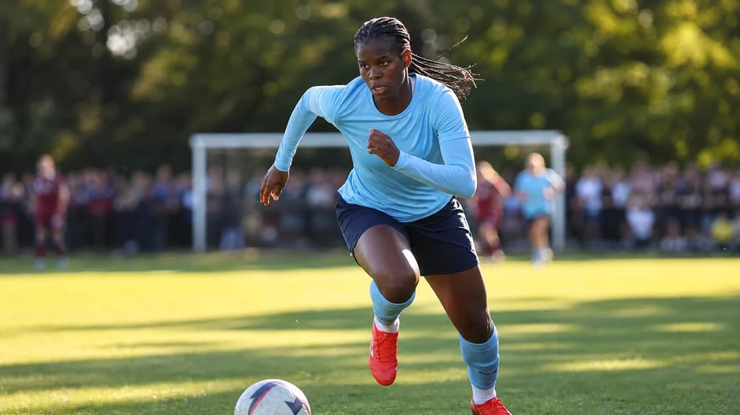 A female footballer in motion on the pitch, embodying determination.