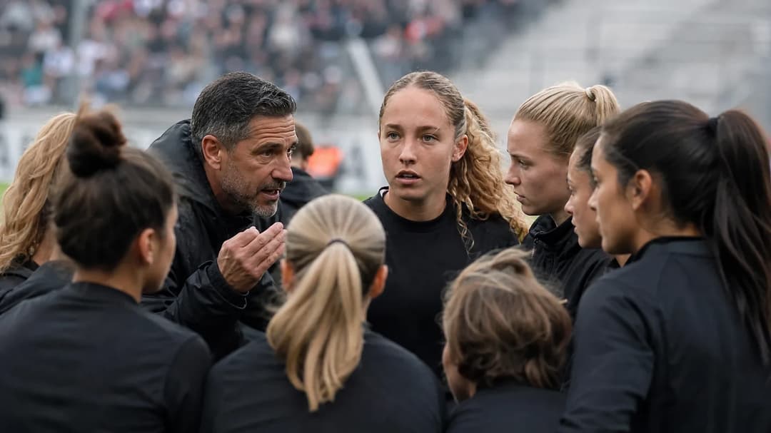 Eintracht Frankfurt women's team huddled together, focused and determined, with their coach giving instructions.