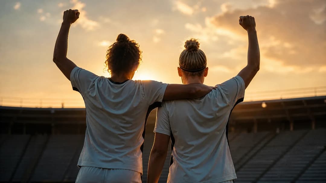 Silhouette of female football players Ella Peddemors and Cora Zicai celebrating a victory against a bright sunset background.