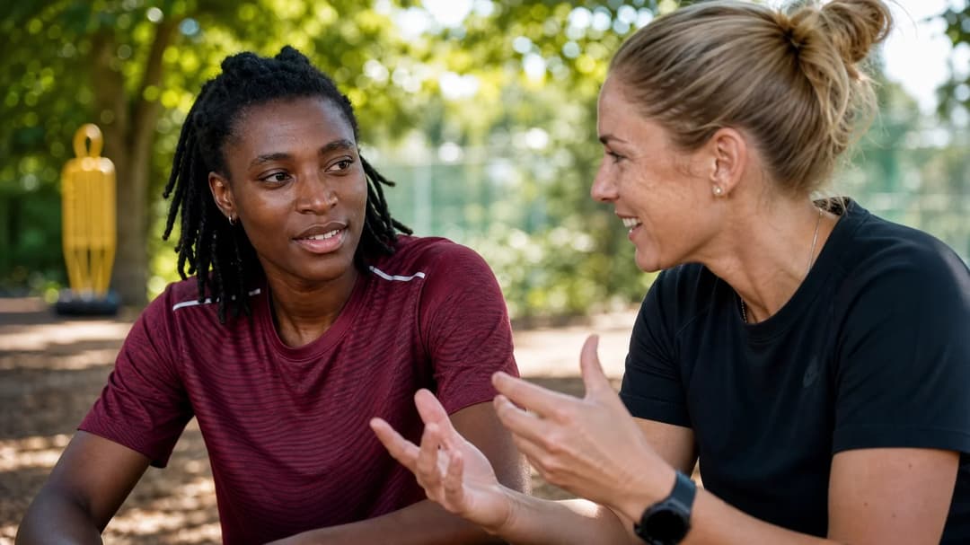 Close-up of Rofiat Imuran and Marisa Ewers sharing a moment at a training ground.