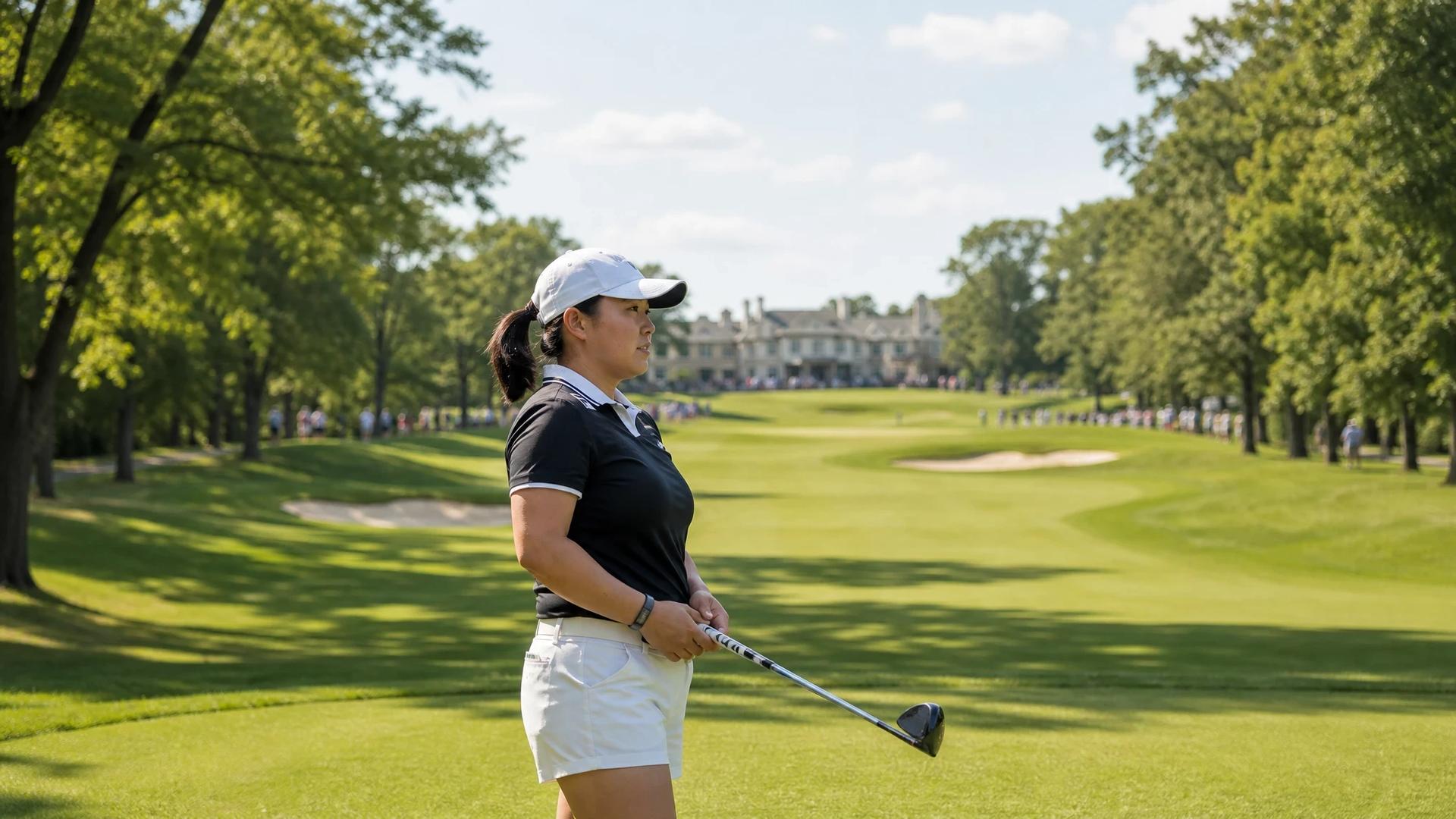A poised golfer stands on the fairway of TPC Boston, illuminated by dappled light from the trees.