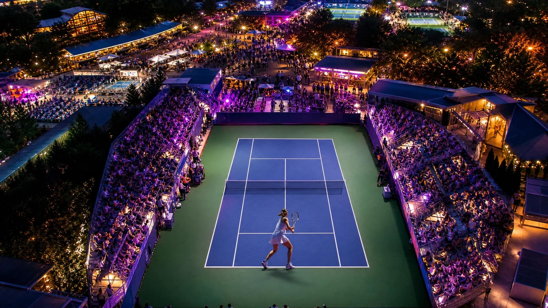 Aerial view of the US Open tennis courts with a young female player poised to serve, illuminated by neon lights.