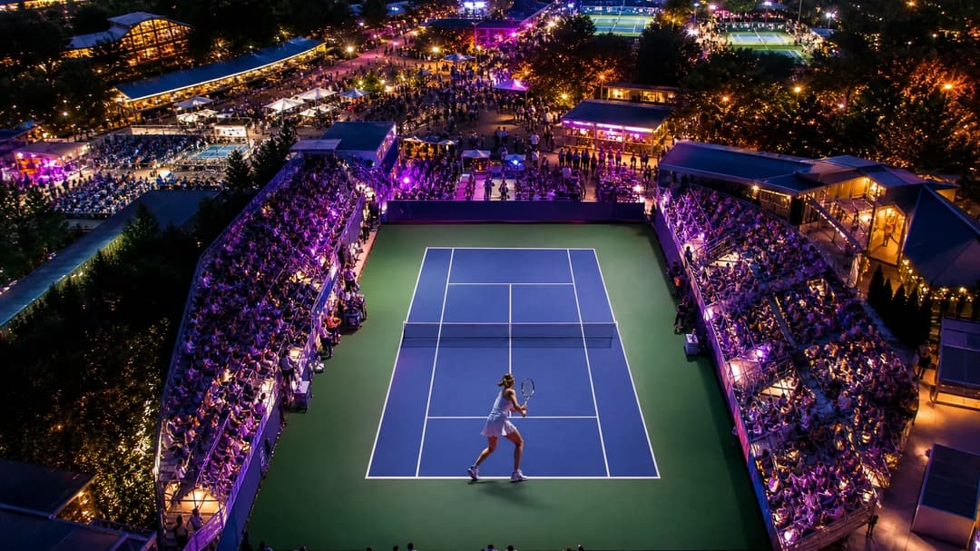 Aerial view of the US Open tennis courts with a young female player poised to serve, illuminated by neon lights.