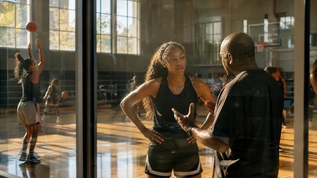 Angel Reese, the star player of the Atlanta Dream, is seen in a gym discussing tactics with her coach, framed through a glass window.