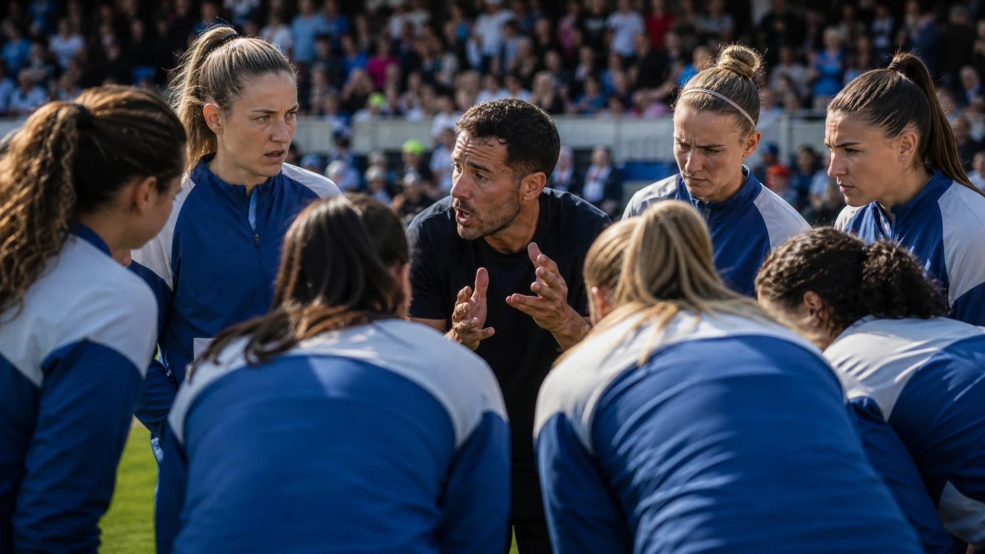A wide shot of the London City Lionesses in a pre-game huddle under harsh midday sunlight.