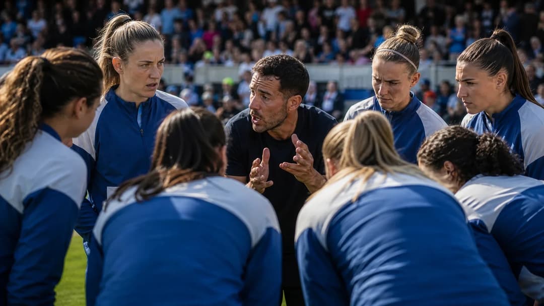 A wide shot of the London City Lionesses in a pre-game huddle under harsh midday sunlight.