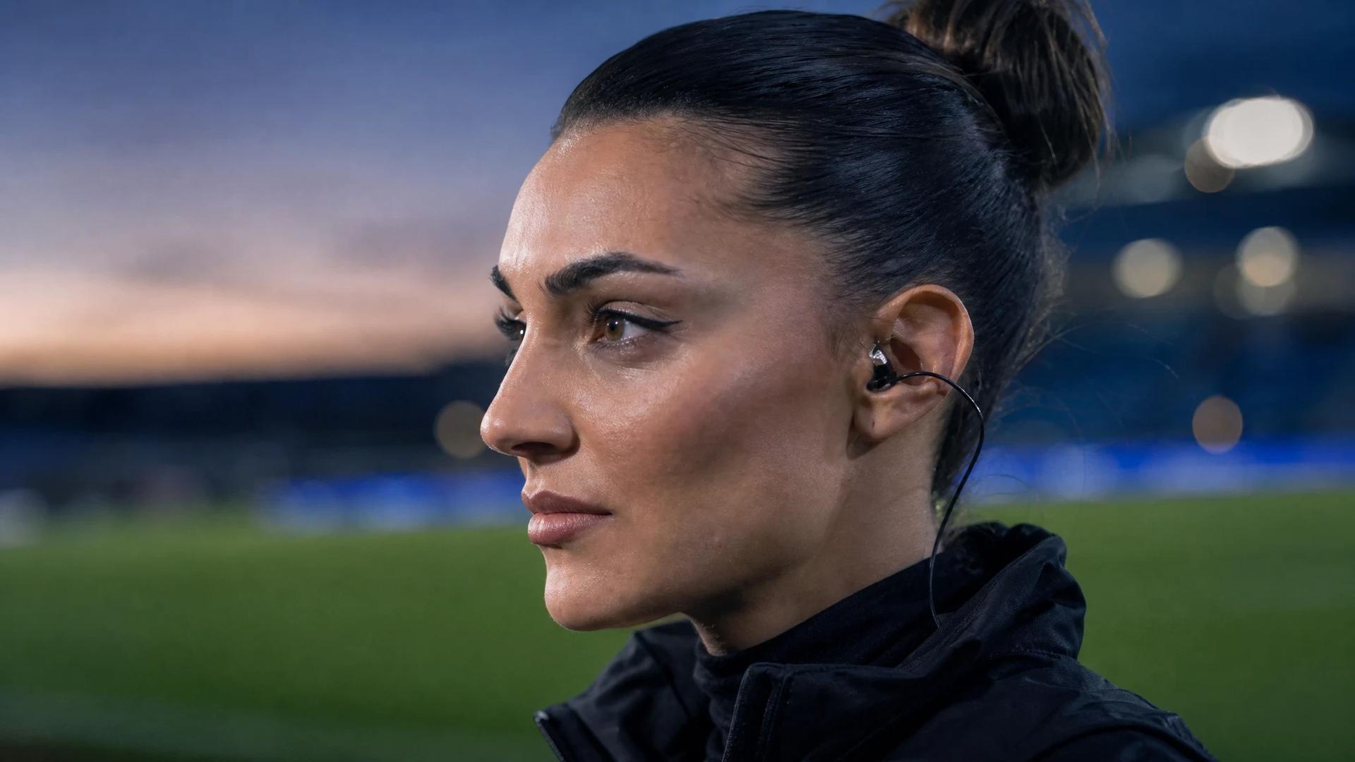 A close-up portrait of Valentina Maceri in a twilight setting, symbolizing her transition from athlete to broadcaster.