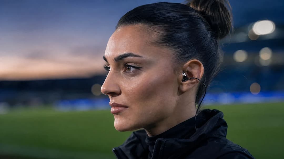 A close-up portrait of Valentina Maceri in a twilight setting, symbolizing her transition from athlete to broadcaster.