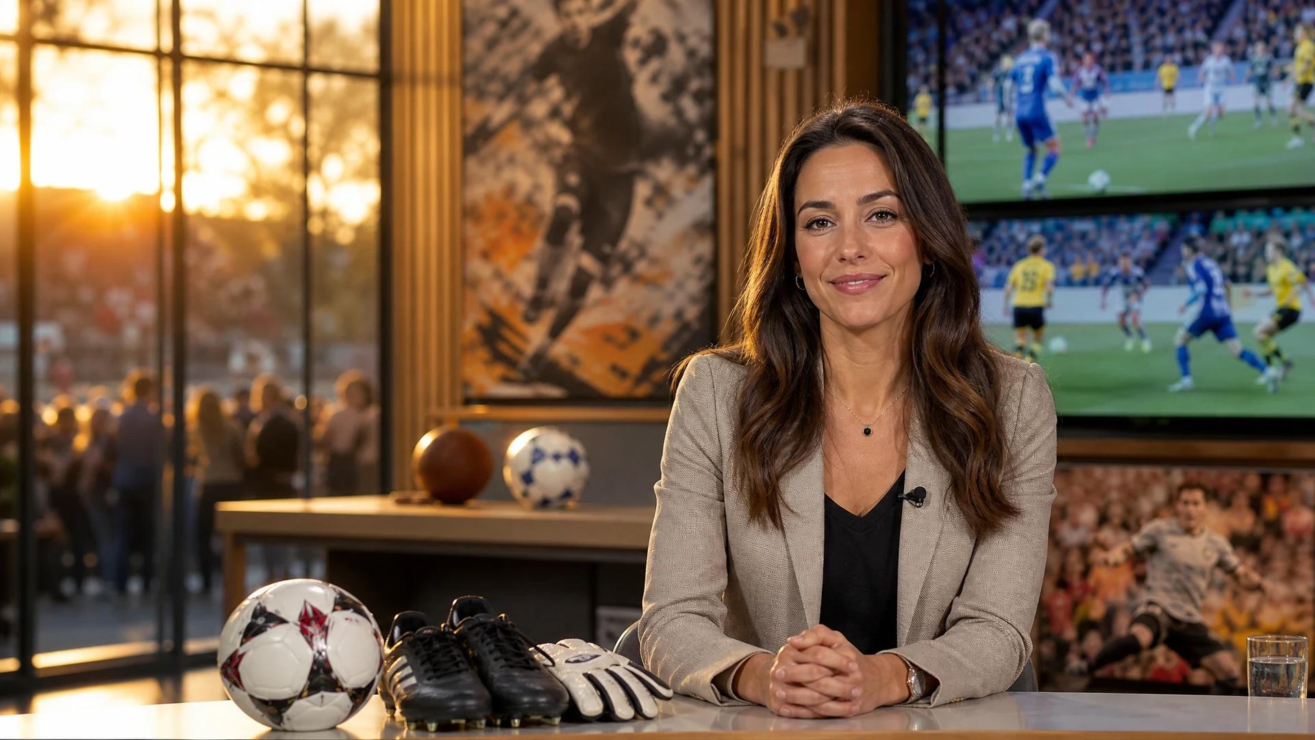 Valentina Maceri in a modern sports studio preparing to present live coverage of the Frauen-Bundesliga.