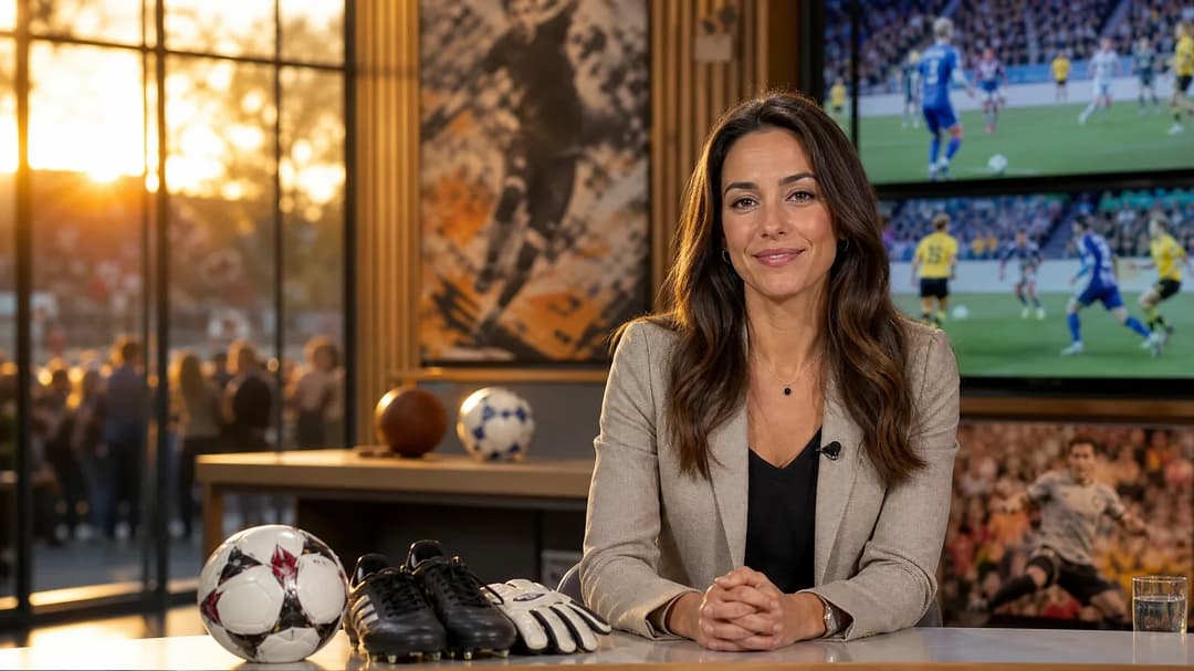 Valentina Maceri in a modern sports studio preparing to present live coverage of the Frauen-Bundesliga.