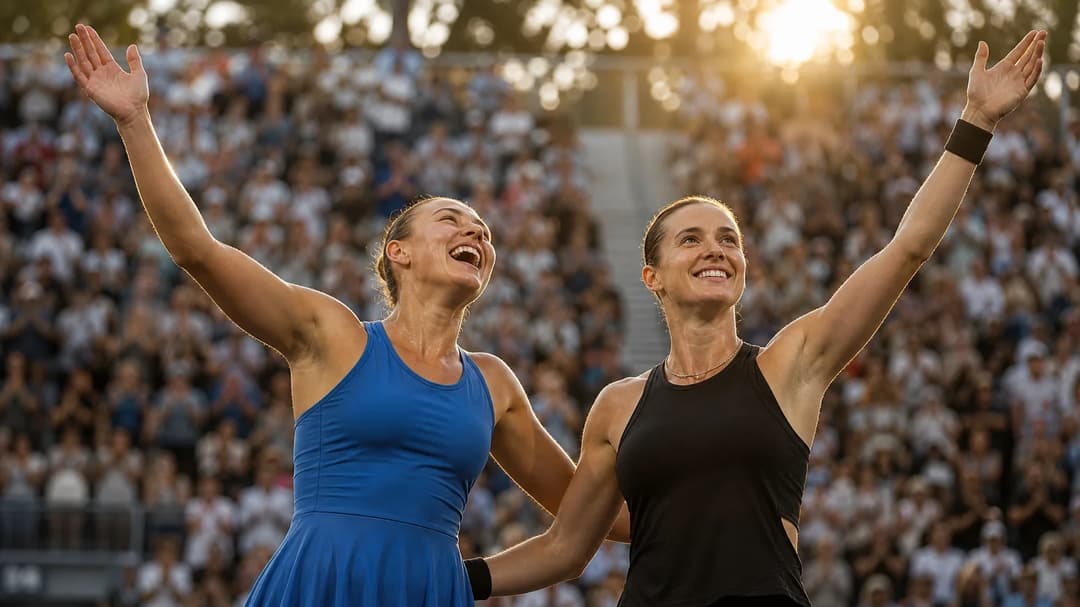 Two female tennis players celebrating after winning their matches, with a blurred crowd in the background.
