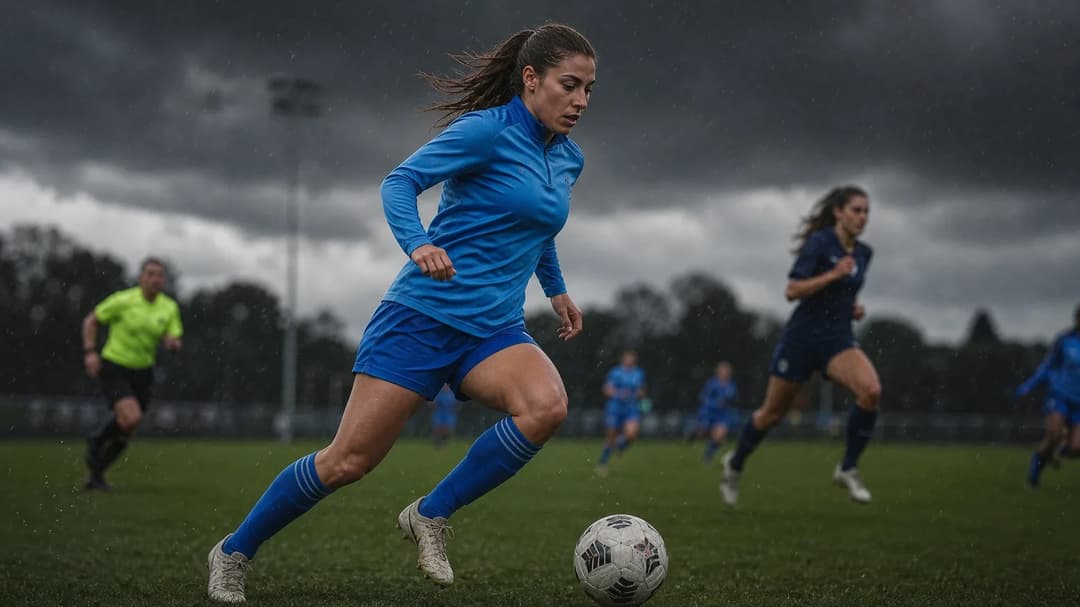 Carlotta Wamser dribbling the ball with determination on a football pitch under dramatic stormy skies.