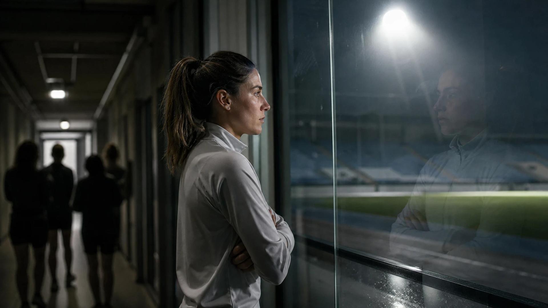 A female football player reflects in a glass window, with the stadium in soft focus behind her.