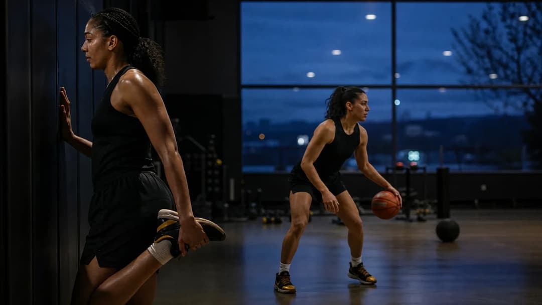 Female basketball players warming up in a dimly lit training facility.