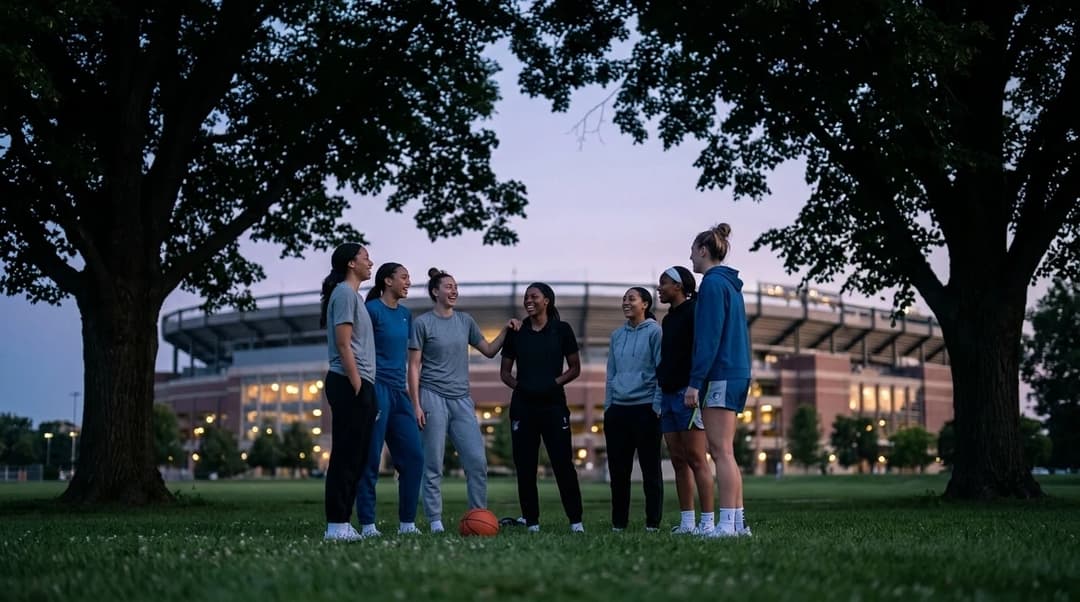 A serene moment of female basketball players from the Minnesota Lynx chatting softly during dusk.