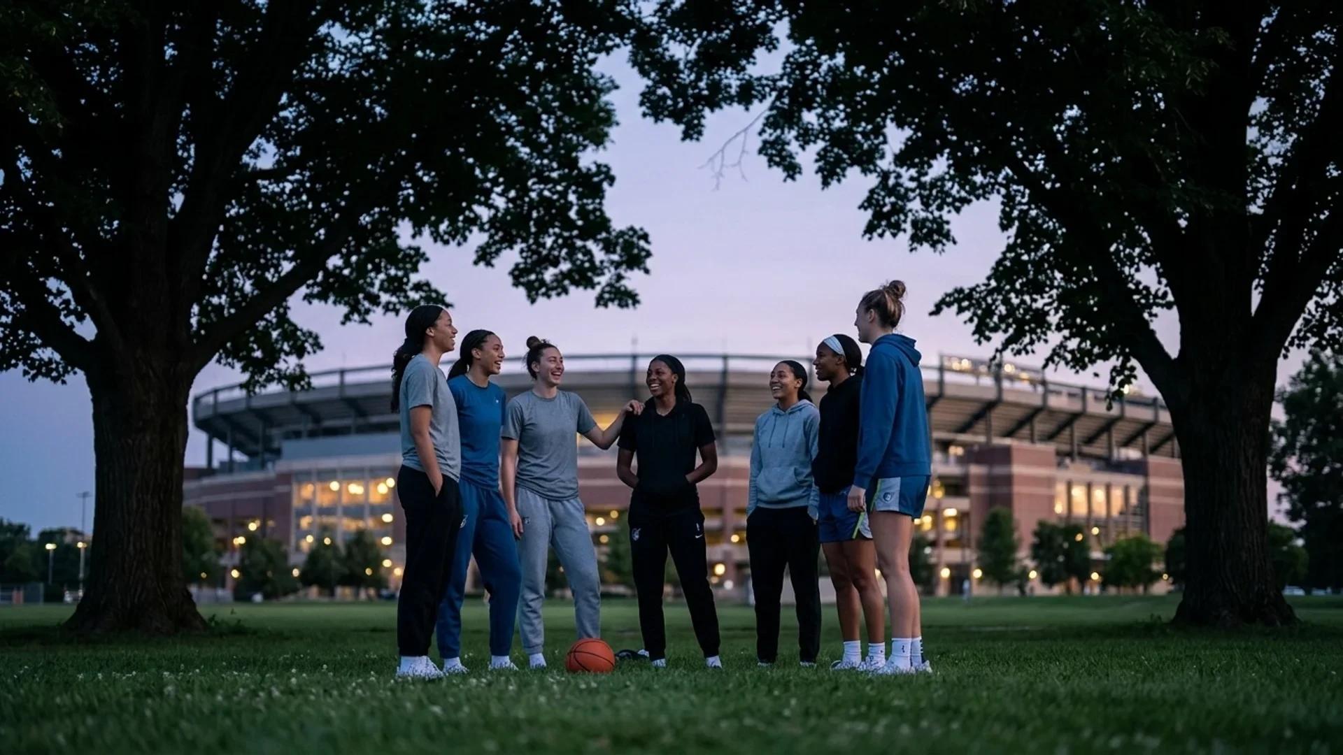 A serene moment of female basketball players from the Minnesota Lynx chatting softly during dusk.