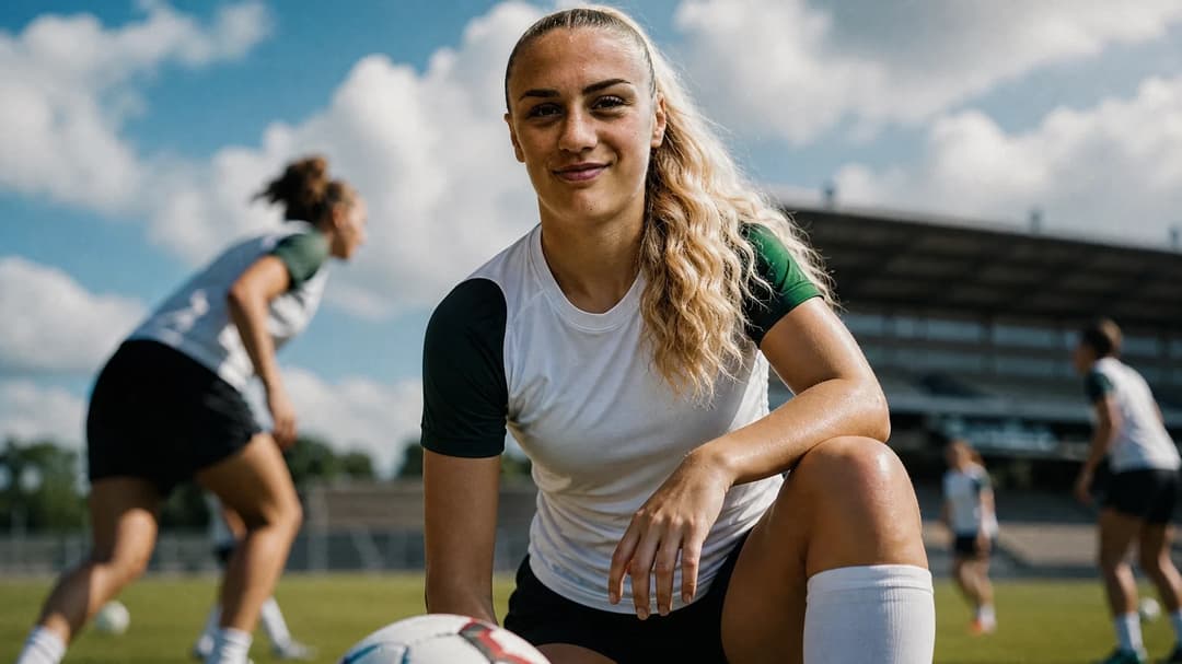 Close-up of Jess Pegram, a young female footballer, focused during a training session.